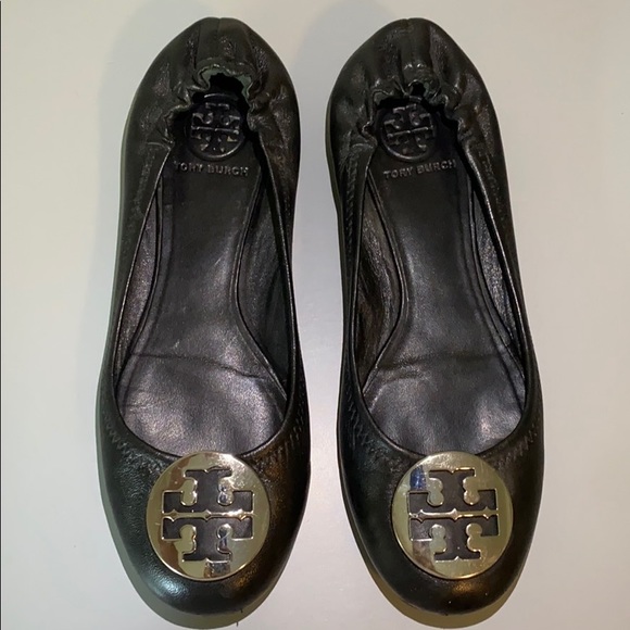Tory Burch Reva Black Leather Silver Logo Flats - Picture 1 of 9